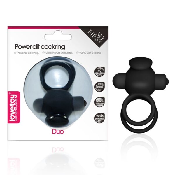 Power Clit Duo Cockring displayed next to its packaging